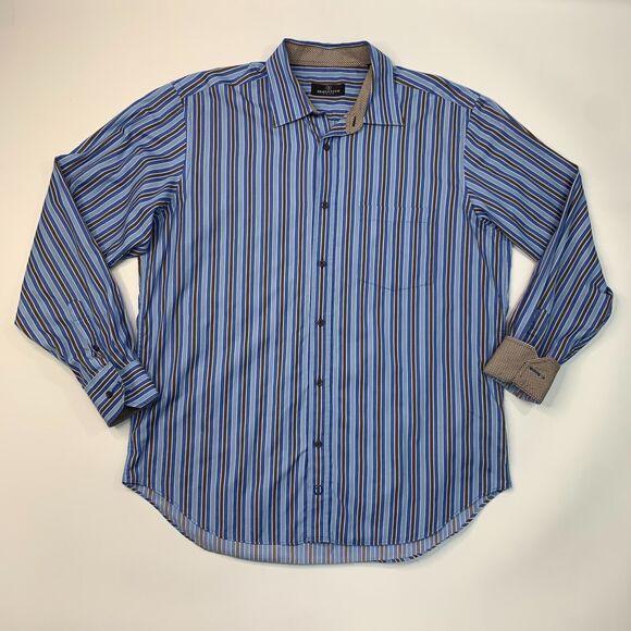 Bugatchi Uomo Shirt Mens XL Extra Large Blue Brown Flip Cuff Button Up Striped - Picture 2 of 12